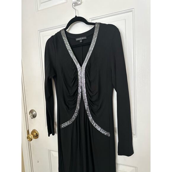 Lafayette 148 Dress Shimmer Metallic Silver Trim Ruched Midi Black Women's Sz 10 - Picture 4 of 9